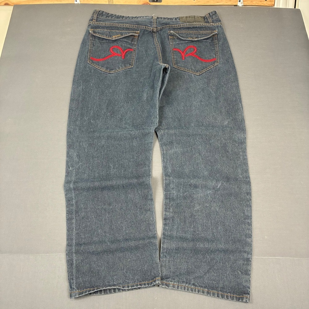 Y2K Rocawear Dark Wash Embroidered Pocket Baggy Wide Leg Jeans Men's Size 38x30